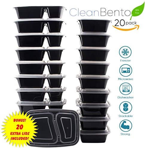 Meal Prep Containers (20 Pack) CLEAN BENTO 2 Compartment Meal Containers with Lids, Meal Planning, Takeout, Lunch To-Go, Reusable, Stackable, Dishwasher/Microwave/Freezer Safe, BPA Free
