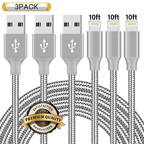 iPhone Charger,Ulimag MFi Certified Lightning Cable 3 Pack 10FT Extra Long Nylon Braided USB Charging & Syncing Cord Compatible iPhone Xs/Max/XR/X/8/8Plus/7/7Plus/6S/6S Plus/SE/iPad/Nan Grey