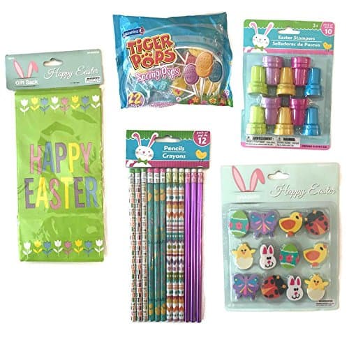 Happy Easter Favor Bag Bundle: Included Happy Easter Bags, Easter Pencils, Easter Stamps, Easter Erasers, and Easter Egg Lollipops