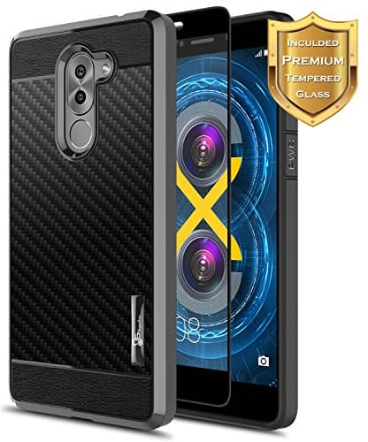 Honor 6X Case with [Full Cover Tempered Glass Screen Protector], NageBee [Frost Clear] [Carbon Fiber] Slim Soft Cover Case for Huawei Honor 6X (Black)