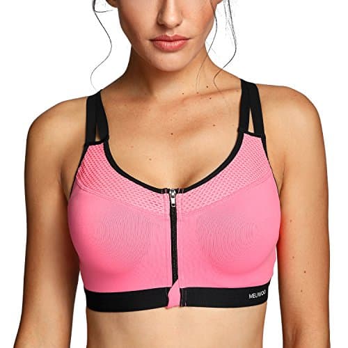Meliwoo Women's Double Layer Underwire Padded Zip Front Close Gym Sports Bra Hot Pink 32E