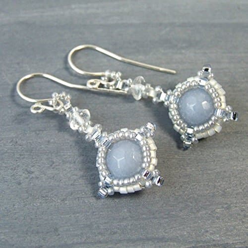 Angelite Light Blue Beaded Drop Quartz Crystal Small Dangle Earrings with Handcrafted Sterling Silver Earwires