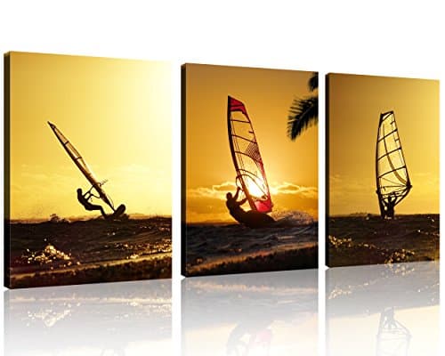 QICAI 3 Panel Windsurf at Sunset Canvas Print, Ready to Hang 12"x16" Surf Canvas Sailboat Canvas Art Sailboat Pictures for Home Decor Sailboat Wall Art Seascape the Pictures for Home Decor Decoration