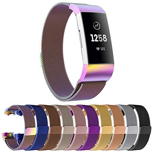 Replacement Compatible Fitbit Charge 3 Bands /Charge3 SE Metal Bands Wristband Accessory Magnetic Breathable Sport Bracelet Strap Small & Large for Women Men Silver Black 10 Colors JOY001