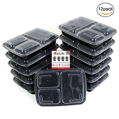 Valilife 12-Pack 3 Compartment Bento Lunch Boxes with Lids - Stackable, Reusable, Microwave, Dishwasher &amp; Freezer Safe - Meal Prep, Portion Control &amp; Food Storage Containers (33oz)