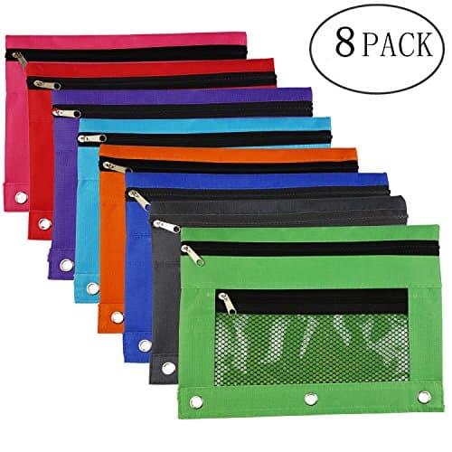 Kasteco 8 Pack 3-Ring Pencil Pouch with Mesh Window, 8 Colors