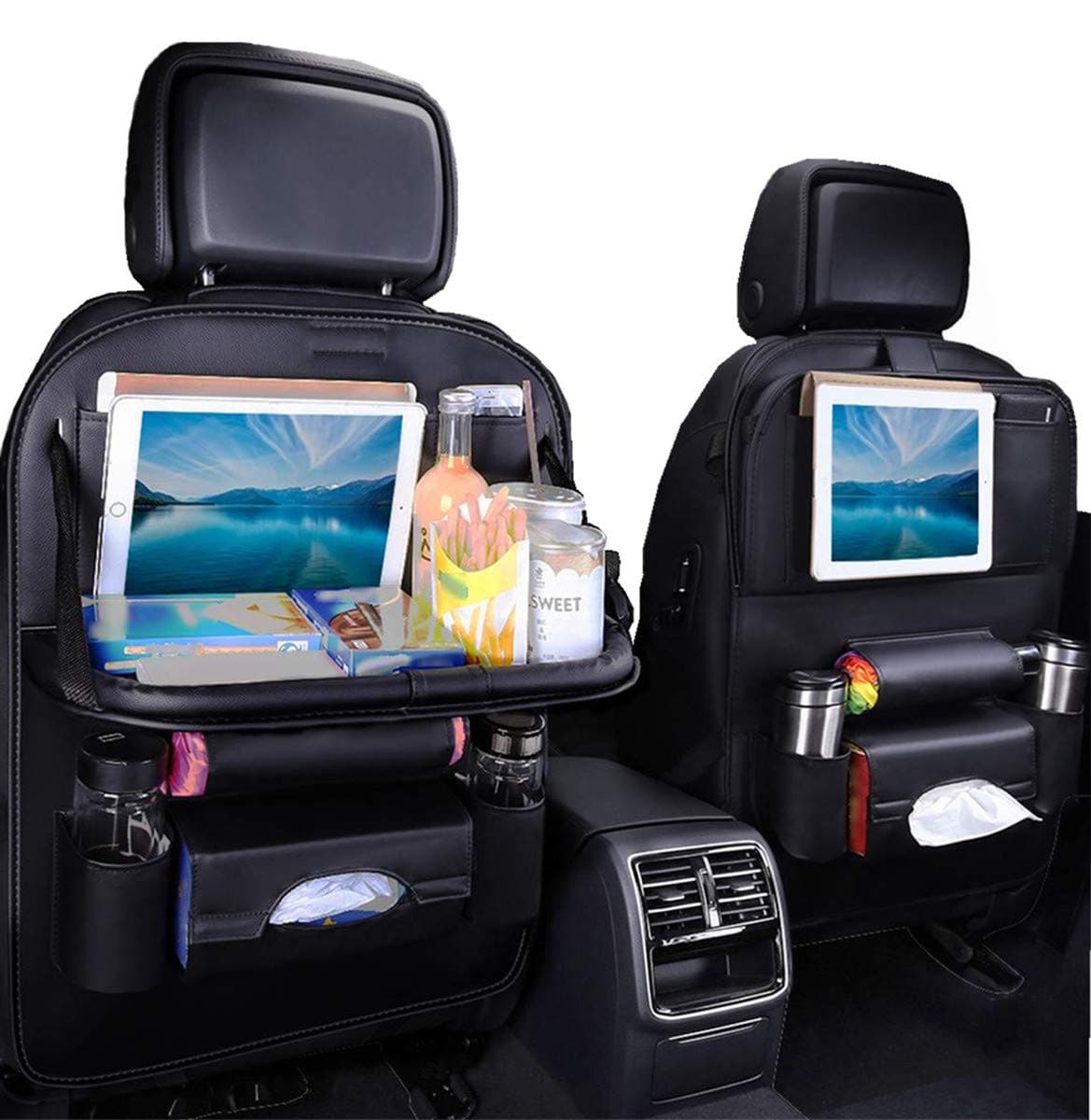 JECARNO Car Seat Protector Back Seat Organizer with Foldable Table Tray, PU Leather Car Backseat Organizer for Kids, Storage Bottles, Tissue Box, Toys, iPad Holder (Black - 1 Pack)