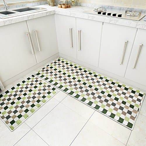 MustHome Mosaic Pattern 2 Piece Kitchen Rugs Set Non Slip Latex Backing Kitchen Mat 17"x23"+17"x47" (Green)