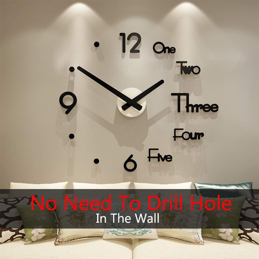 MEISD DIY Large Wall Clock Decorative Silent Wall Sticker Clock for Kitchen Living Room,Black(60CMx68CM)