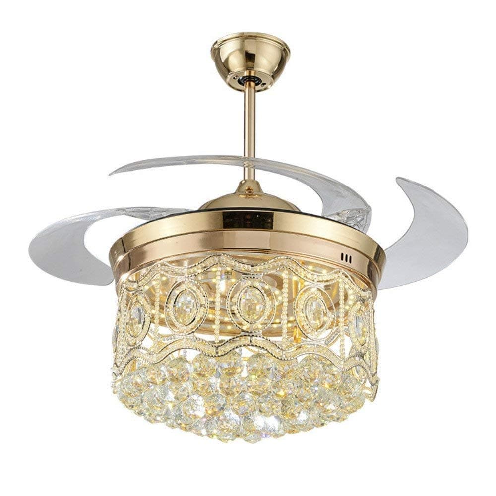Lighting Groups 42 Inch Invisible Crystal Ceiling Fan with Light & Remote Control, European Retractable Blades LED Chandelier Fan with Three Change Colors for Bedroom Living Room Diningroom (Gold)