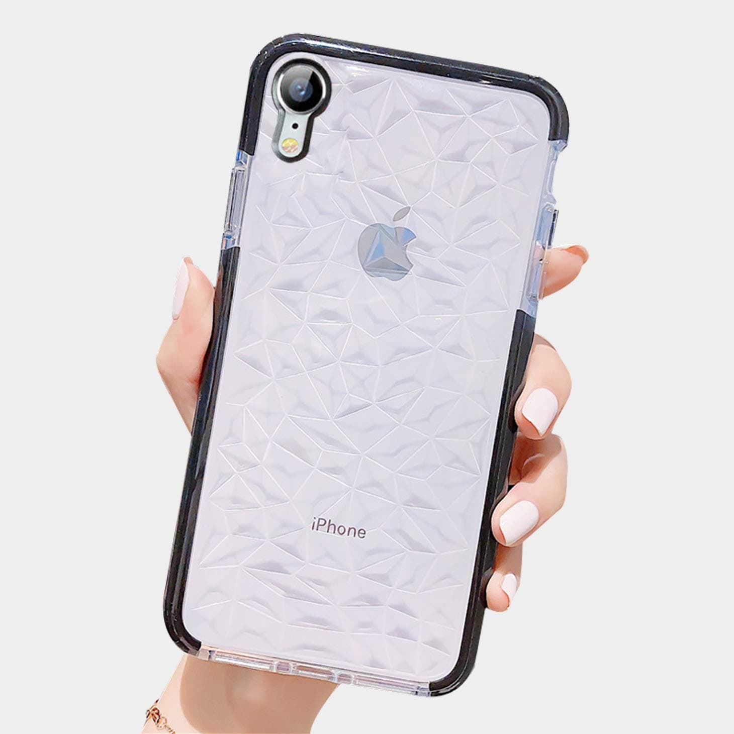 GYZCYQ iPhone XR Case Crystal Clear 3D Diamond Pattern Full Protective Shockproof Cases Slim Soft TPU Air Cushion Technology Drop Protection Cover for Girls/Boys/Women/Men,for iPhone XR(Black/Clear)