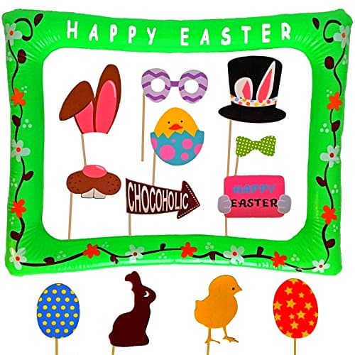 Lago Retail Easter Basket Stuffers - Photo Booth Props-Includes Free Inflatable Picture Frame - NO DIY Required Attached to The Stick - Egg Rabbit Decorations - 30 Count