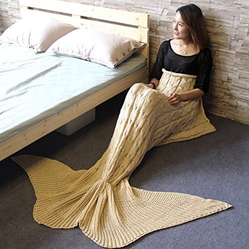 WOPS Warm and Soft Knitting Mermaid Tail Blanket More diffenrent Colors Mermaid Blanket Sleeping Bag for Kids and Adult 75"x 35"(180x80cm) (Beige&Stripe)