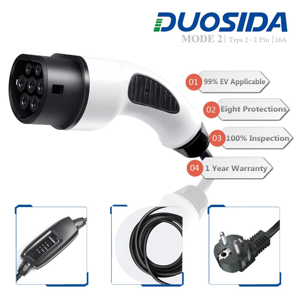 DUOSIDA Portable EV Charger Type 2 Schuko 2 pin(16A) Electric Vehicle Charging Cable(5m)