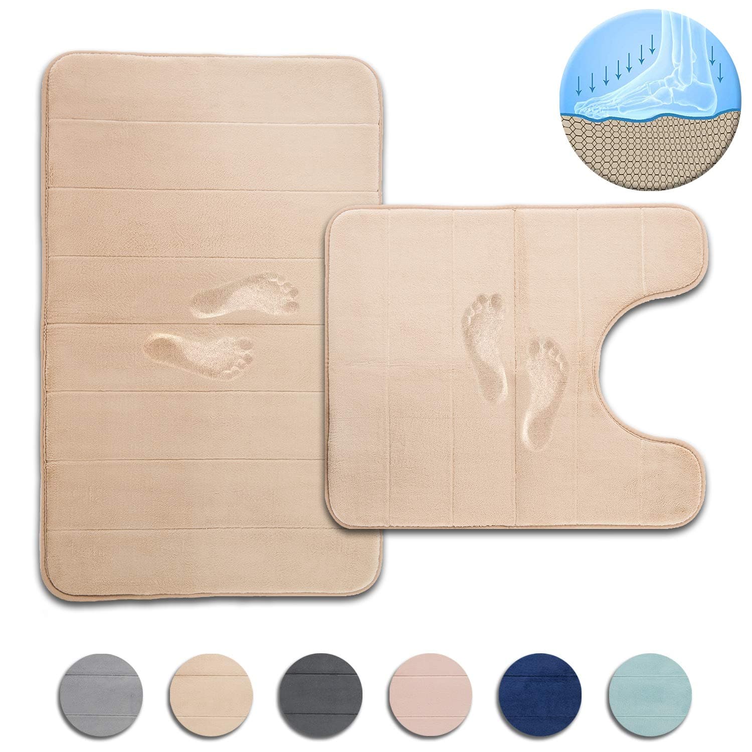 Freshmint Bath Mat Set, Large Size 32 by 20, Contoured Toilet Bathroom Rugs Coral Fleece Thick Memory Foam Padded, Super Absorbent Bath Rug, Soft, Non-Slip, Super Cozy Velvet Floor Mat, Beige