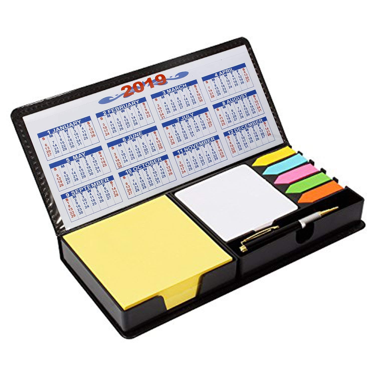 PINZO™ Sticky Note Memo Pad with Arrow Flags and Ballpoint Pen in PU Leather Case with 2019 Calendar