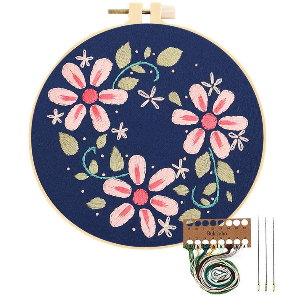 Embroidery Starter Kit with Pattern, Cross Stitch Kit Include Stamped Embroidery Clothes with Floral Pattern, Plastic Embroidery Hoops, Color Threads and Tools Needlepoint Kits (Pink Flowers)