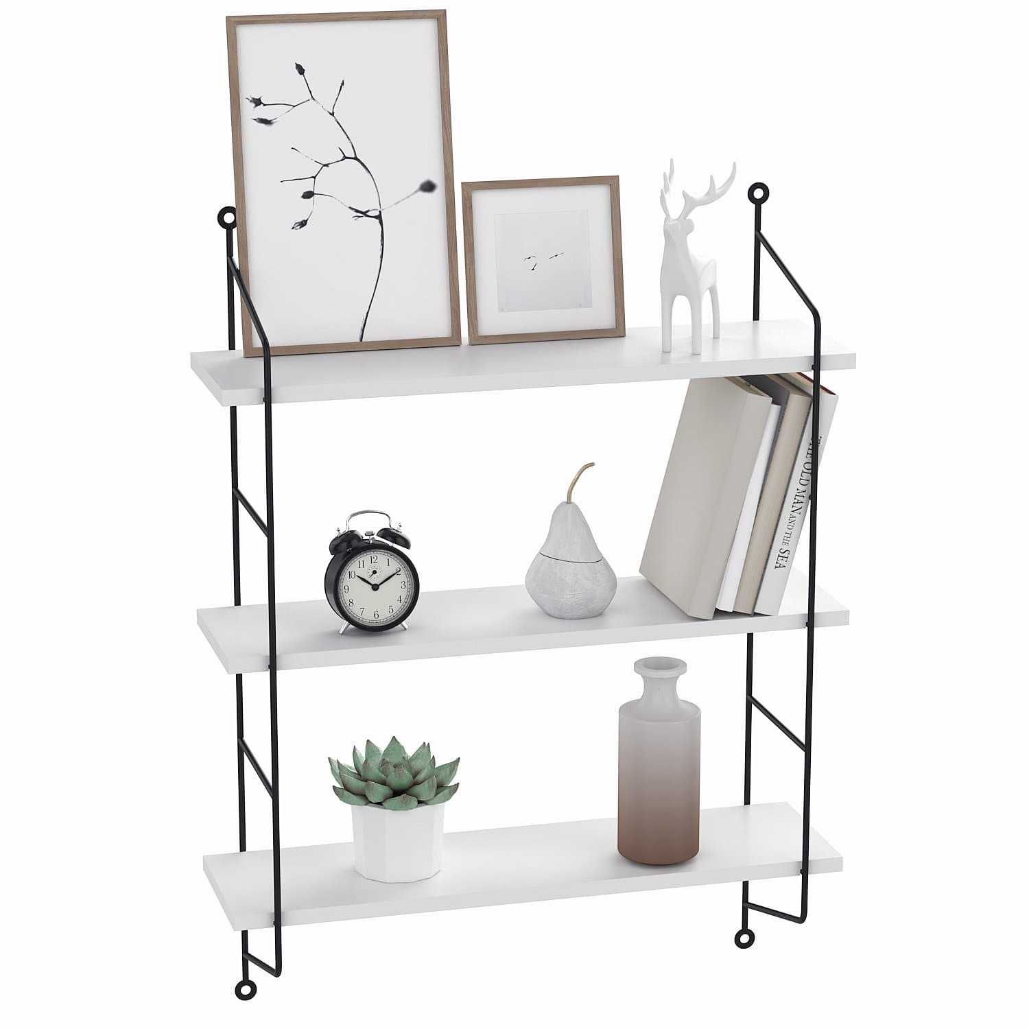 Scallop 3-Tiers Industrial Pipe Wall Mounted Ledge Shelf， Rustic Storage Shelving Bookshelf (White)