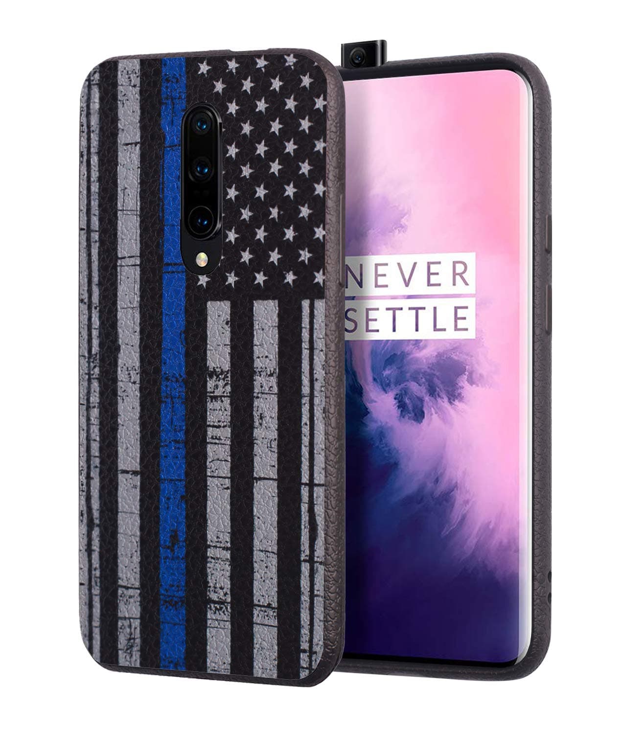 OnePlus 7 Pro Case, BWOOLL Slim Anti-Scratch Shockproof Leather Grain TPU Rubber Protective Cover for OnePlus 7 Pro (2019) - Thin Blue Line American Flag