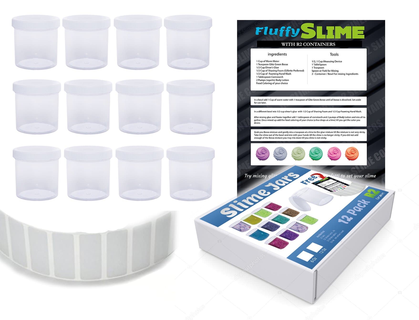 Reusable 12 Pack Empty 6oz Wide-Mouth Clear Plastic Storage jar Containers White Solid Screw on Cap Style Lids Making Storing Slime,Foam Ball,Glue,Putty,Glitter,Styrofoam,Hobbies and Office Supplies