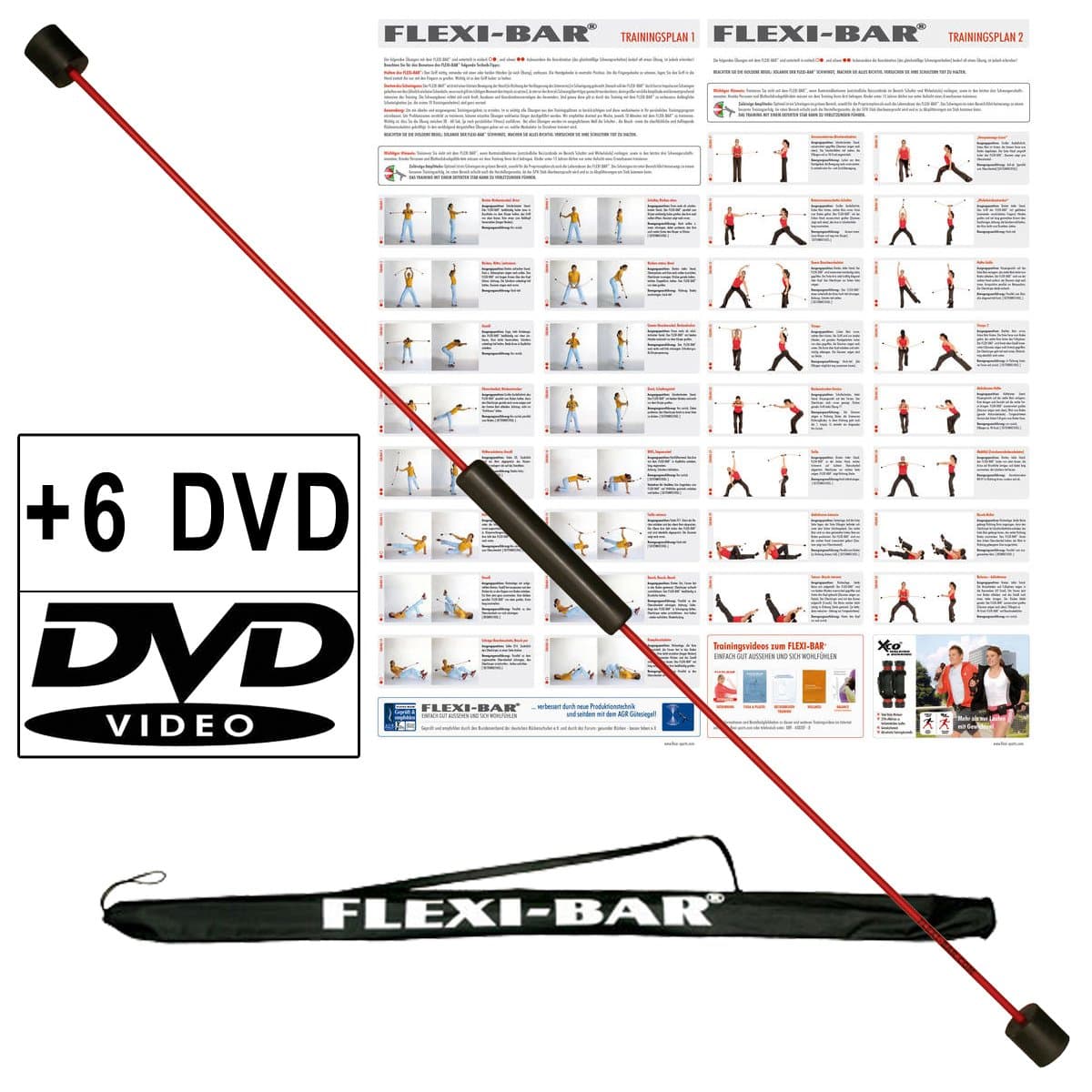 Original Ergo Base 2016 Flexi Bar Set with 6 Uebungs DVD & Bag Black and Training Plan