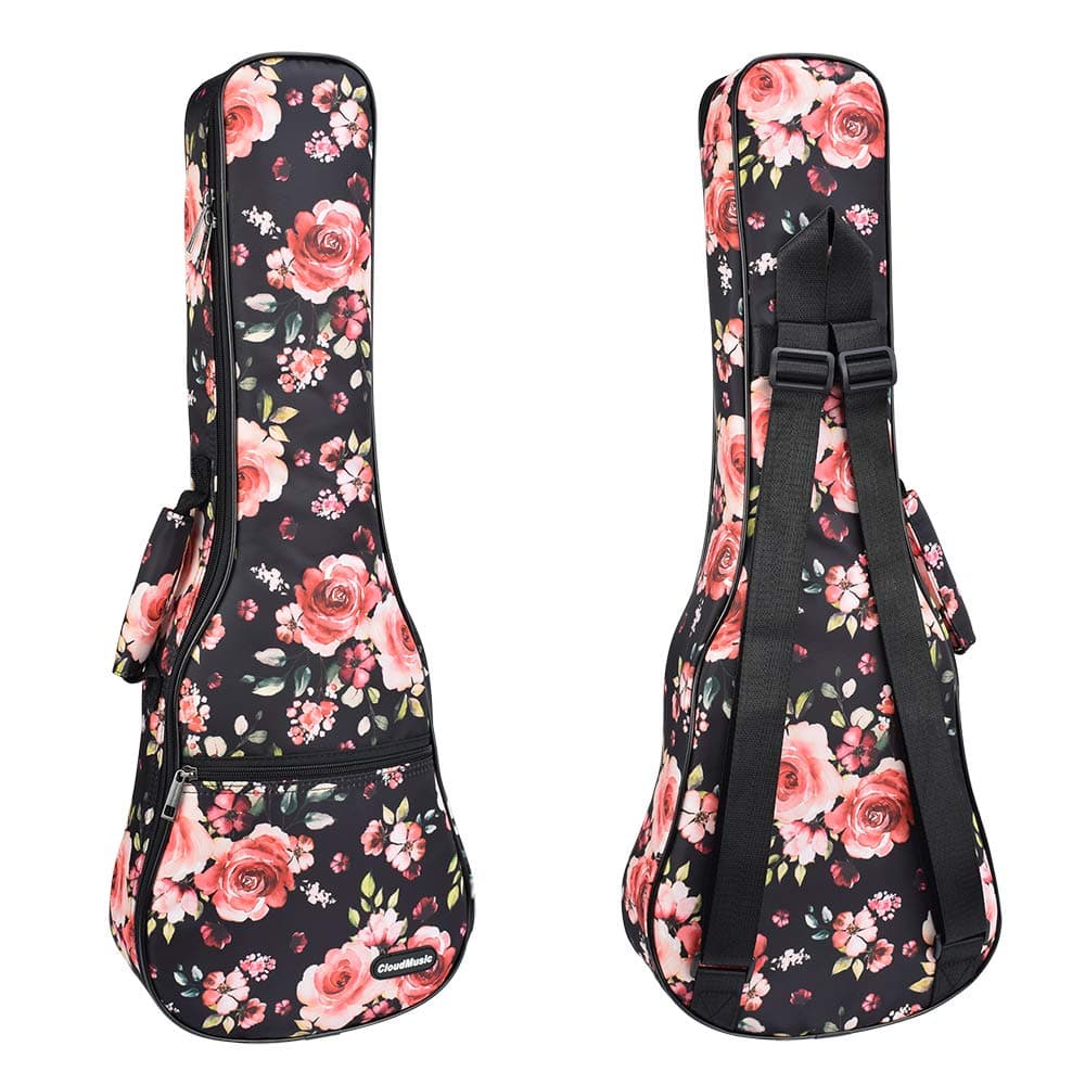 CLOUDMUSIC Ukulele Case For Soprano With Backpack Strap Pink Roses In Black