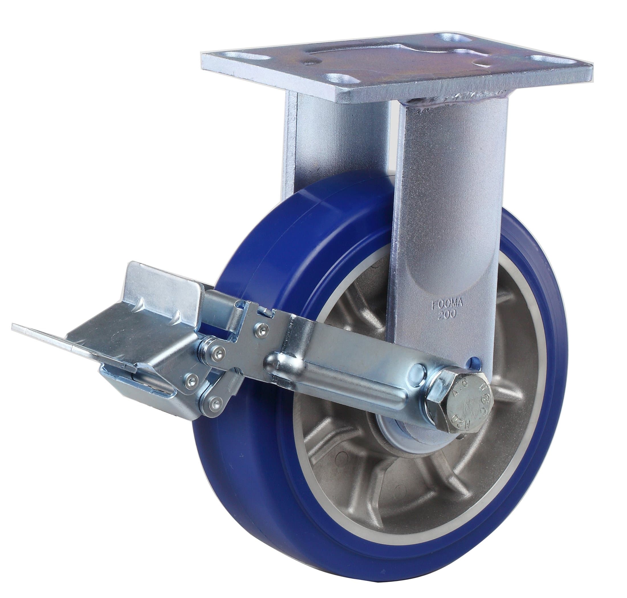 FOOTMASTER GF-200B-RF-MUD 8" Diameter High Quality Polyurethane Top Plate Caster, Rigid with Wheel Brake, Dual HD Precision Bearing, 10-1/8" Mounting Height, 6-1/4" Plate Length, 4-1/2" Plate Width, 1875 lb Capacity Range