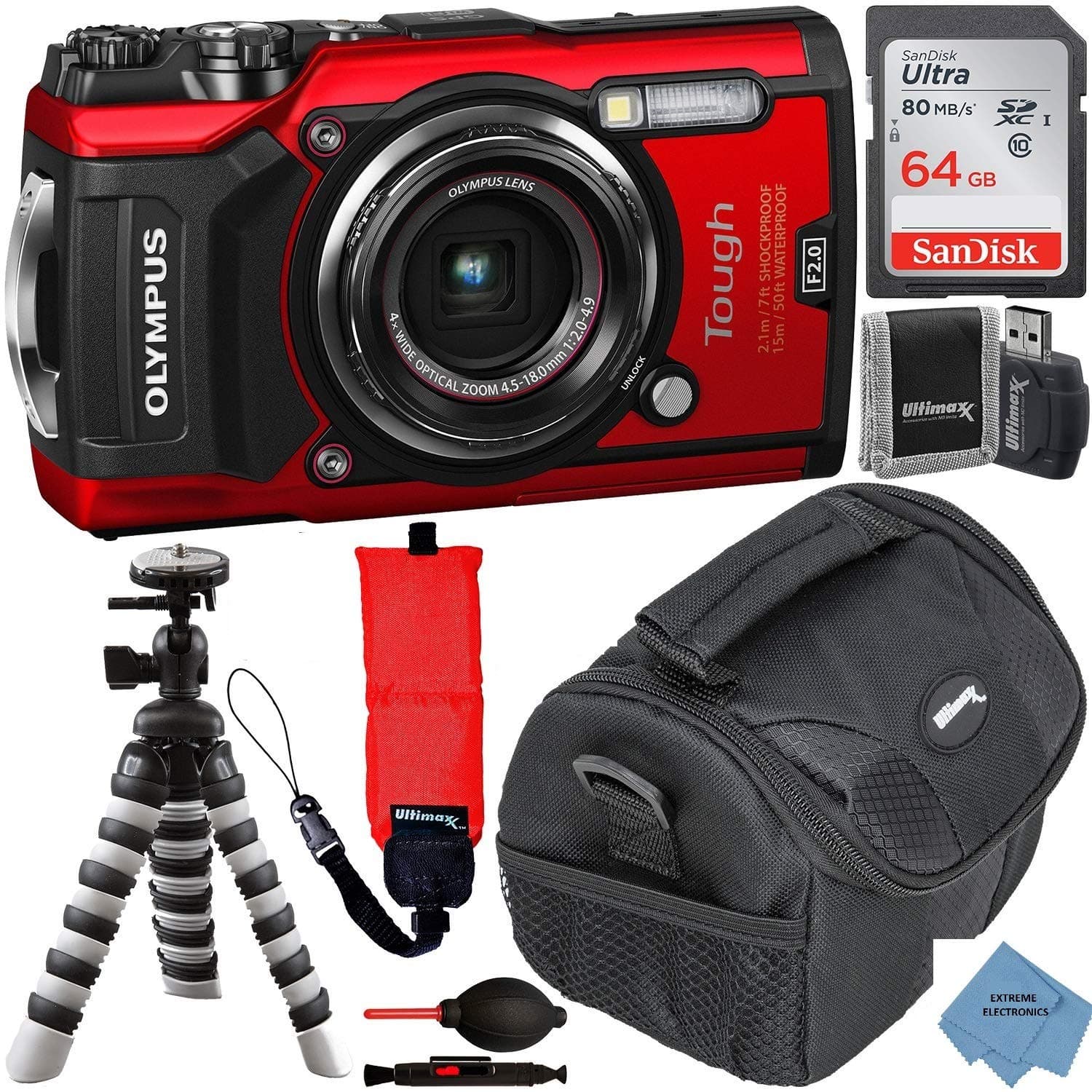 Olympus Tough TG-6 Digital Camera with Deluxe Accessory Bundle - Includes: SanDisk Ultra 64GB Memory Card + Flexible Tripod + Extreme Cloth + More (Red)
