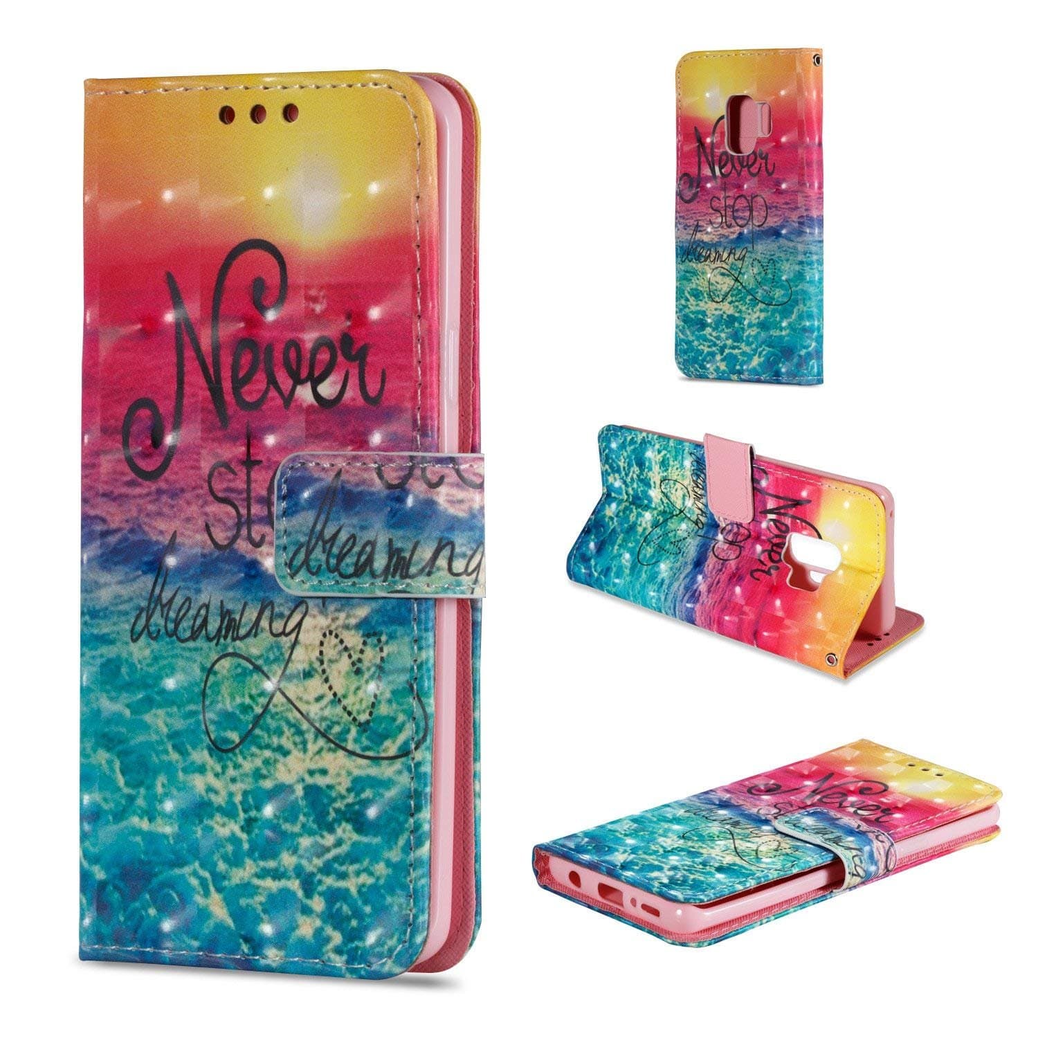 for Samsung Galaxy Note9 Case,PU Leather Wallet Flip Full Body Protective Phone Cover with Credit Card Slot Wrist Strap Magnetic Closure Stand Accessories Never Stop Dreaming