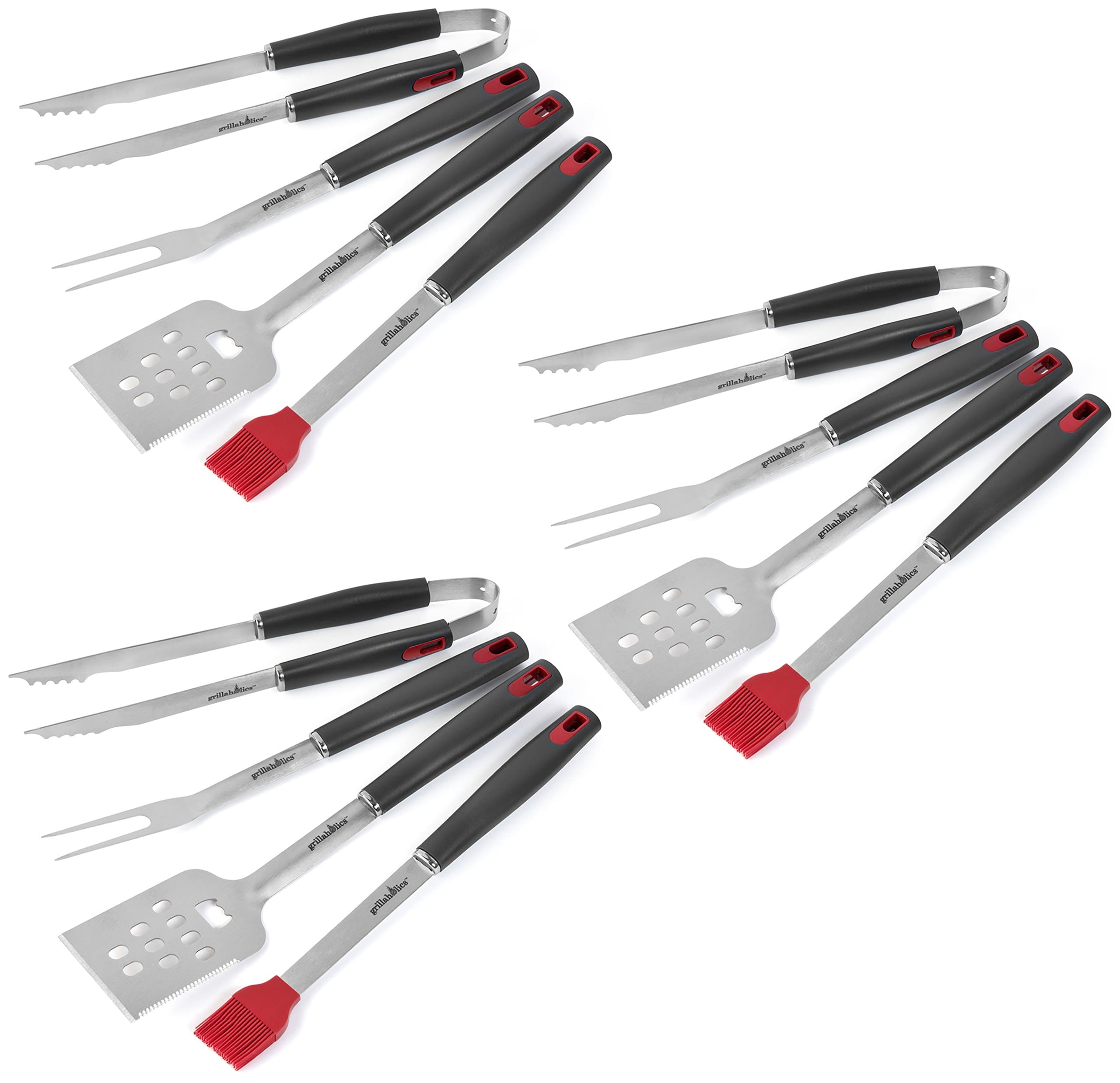 Grillaholics Grill Set - 3-Pack - 4-Piece BBQ Tools - Heavy Duty Stainless-Steel Barbecue Grilling Utensils - Premium Grilling Accessories for Barbecue - Spatula, Tongs, Fork, and Basting Brush