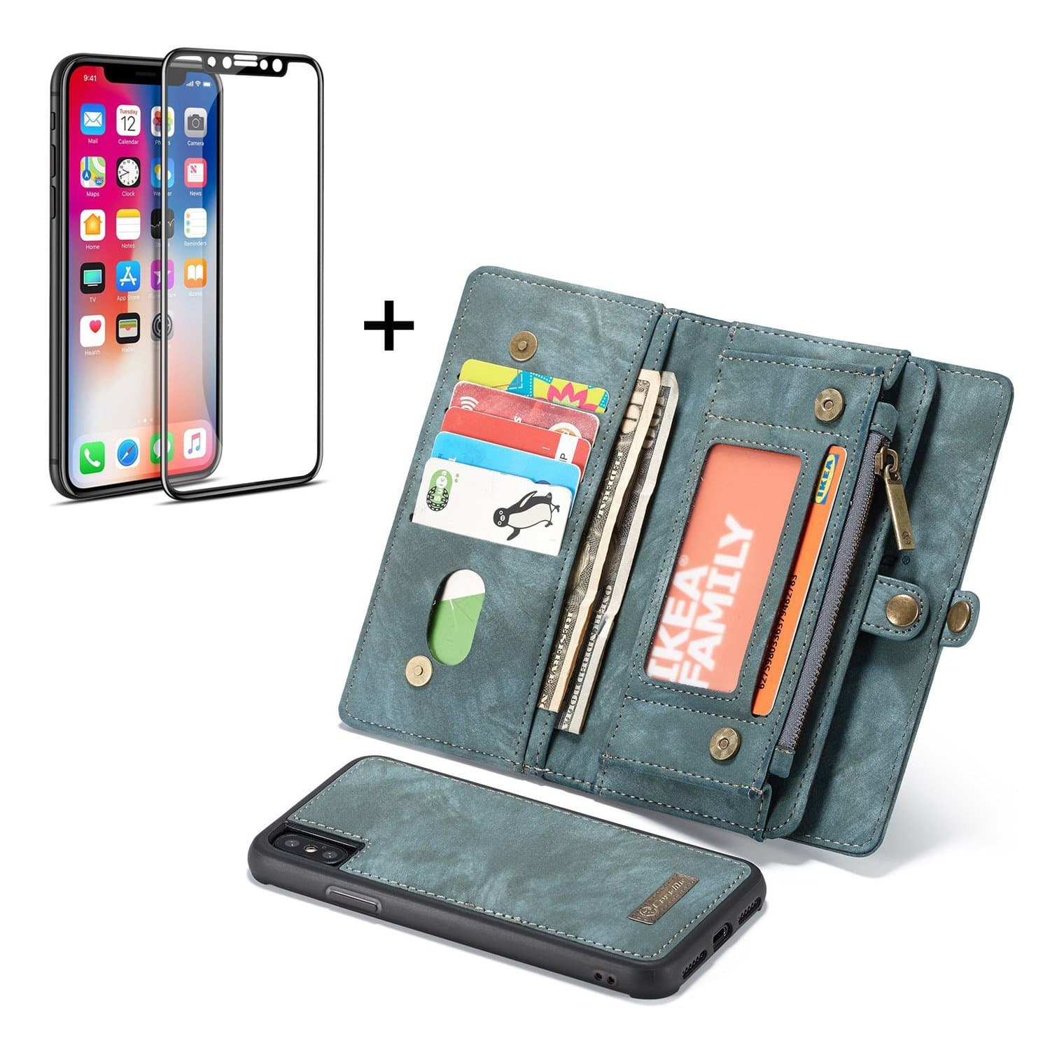 iPhone X Case Combo - Yamoo iPhone X Wallet Leather Case with Detachable Magnetic Hard Case, Card Holder (Blue), iPhone X 3D Full Coverage HD Clear 9H Tempered Glass Screen Protector