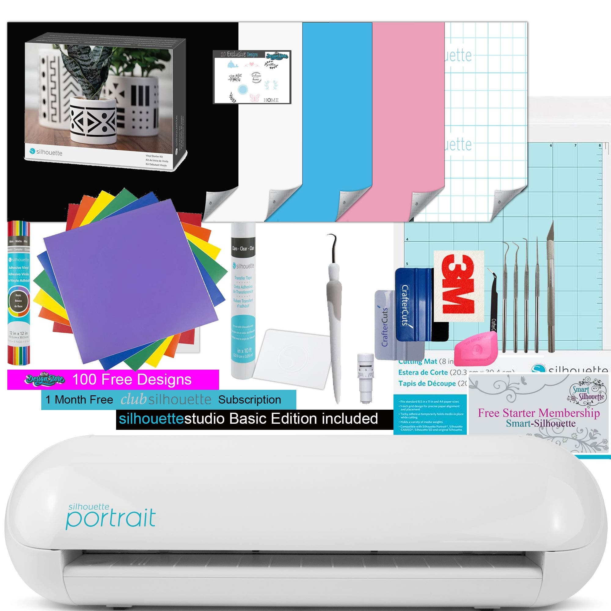 Silhouette Portrait 2 Starting Off with Vinyl Bundle, Includes Cutting Mat- AutoBlade- Vinyl Starter Kit- Basic Sample Pack of Vinyl- Deluxe Tool Kit, and Starter Membership to Smart Silhouette