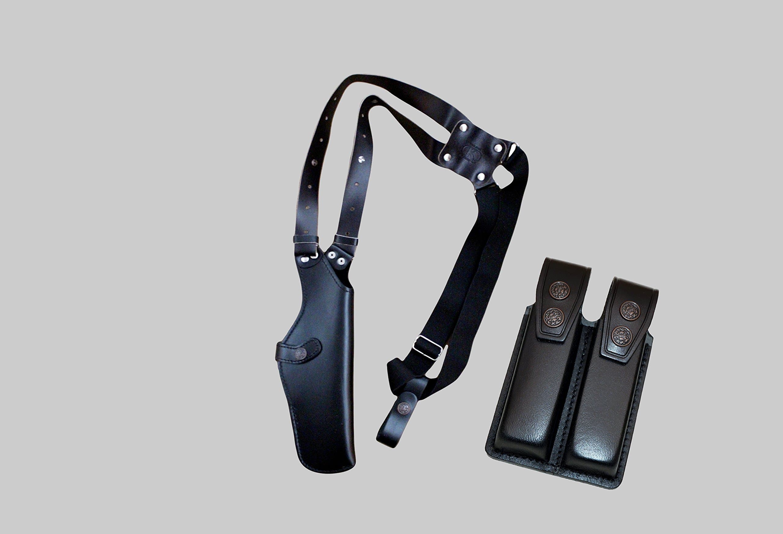 K45206 Leather Vertical Shoulder Holster with Soft Fabric Interior Lining RH & Double Magazine Pouch for Beretta CZ 75 Ruger Springfield Browning HP Sig Sauer P226 up to 5" Barrel