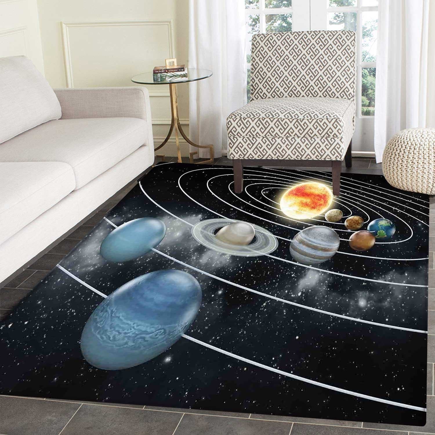 Galaxy Mat Kid Carpet Solar System All Eight Planets and The Sun Pluto Jupiter Mars Venus Science Fiction Home Decor Foor Carpe 3'x4' Black Grey