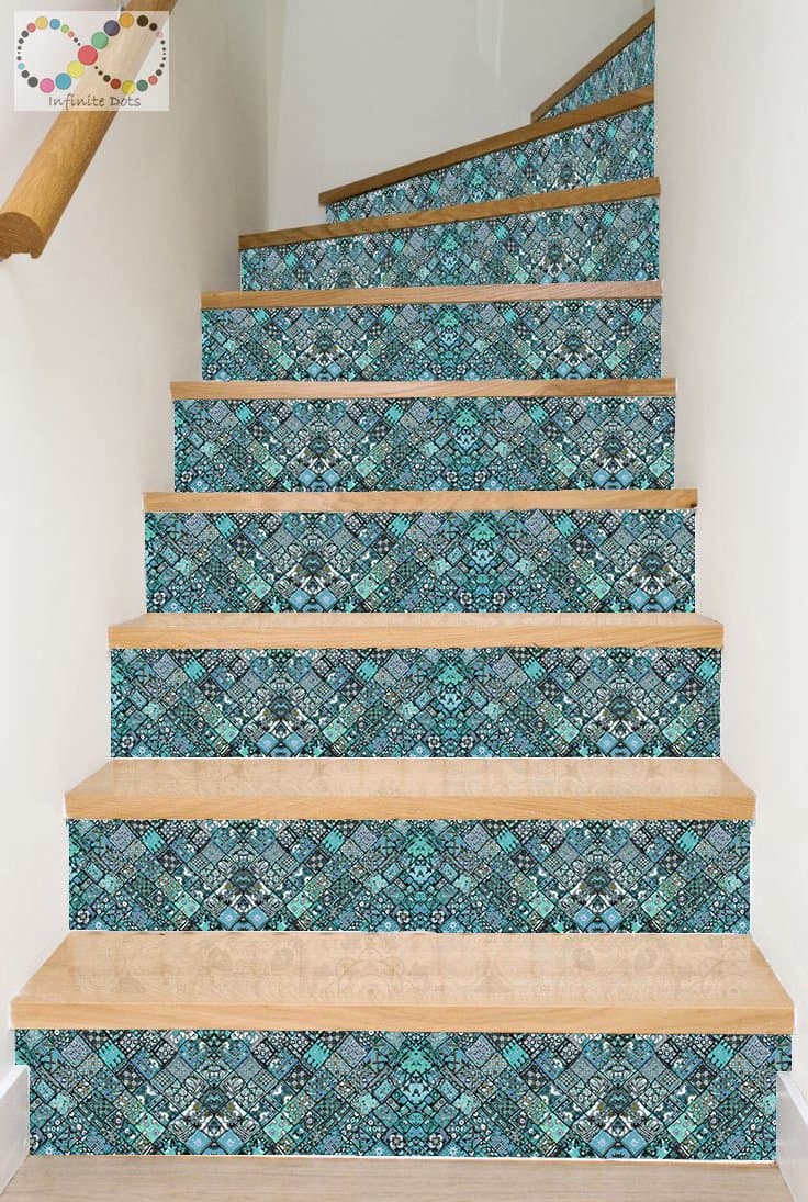Peel and Stick Indian Patchwork Style Decal Strips for Stair Risers - Pack of 6 Strips (Step Height 7.5" inch)