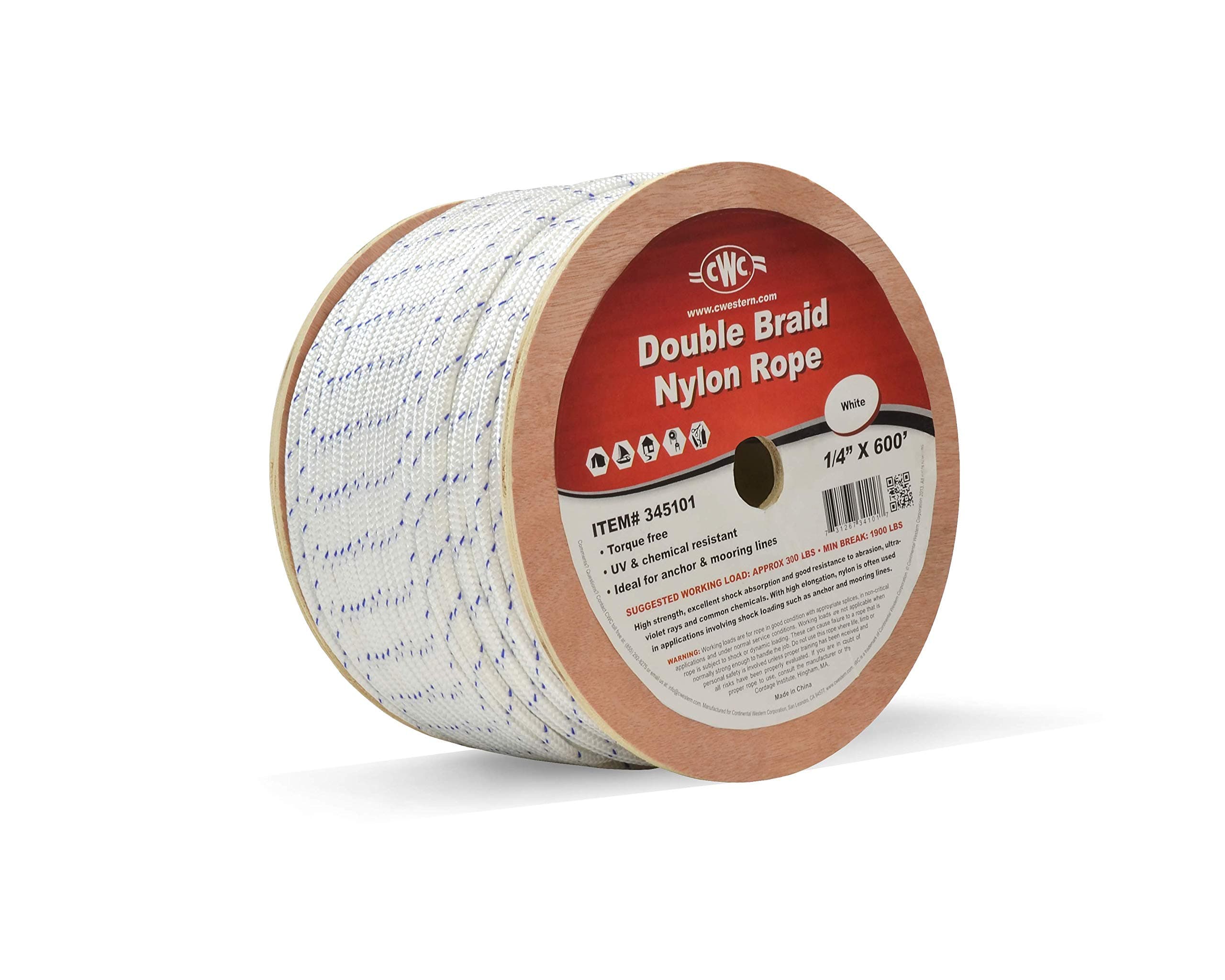 CWC Double Braid Nylon Rope Line - 600 ft, White W/Blue Tracers (1/4" x 600' - 2000 lb. Tensile)