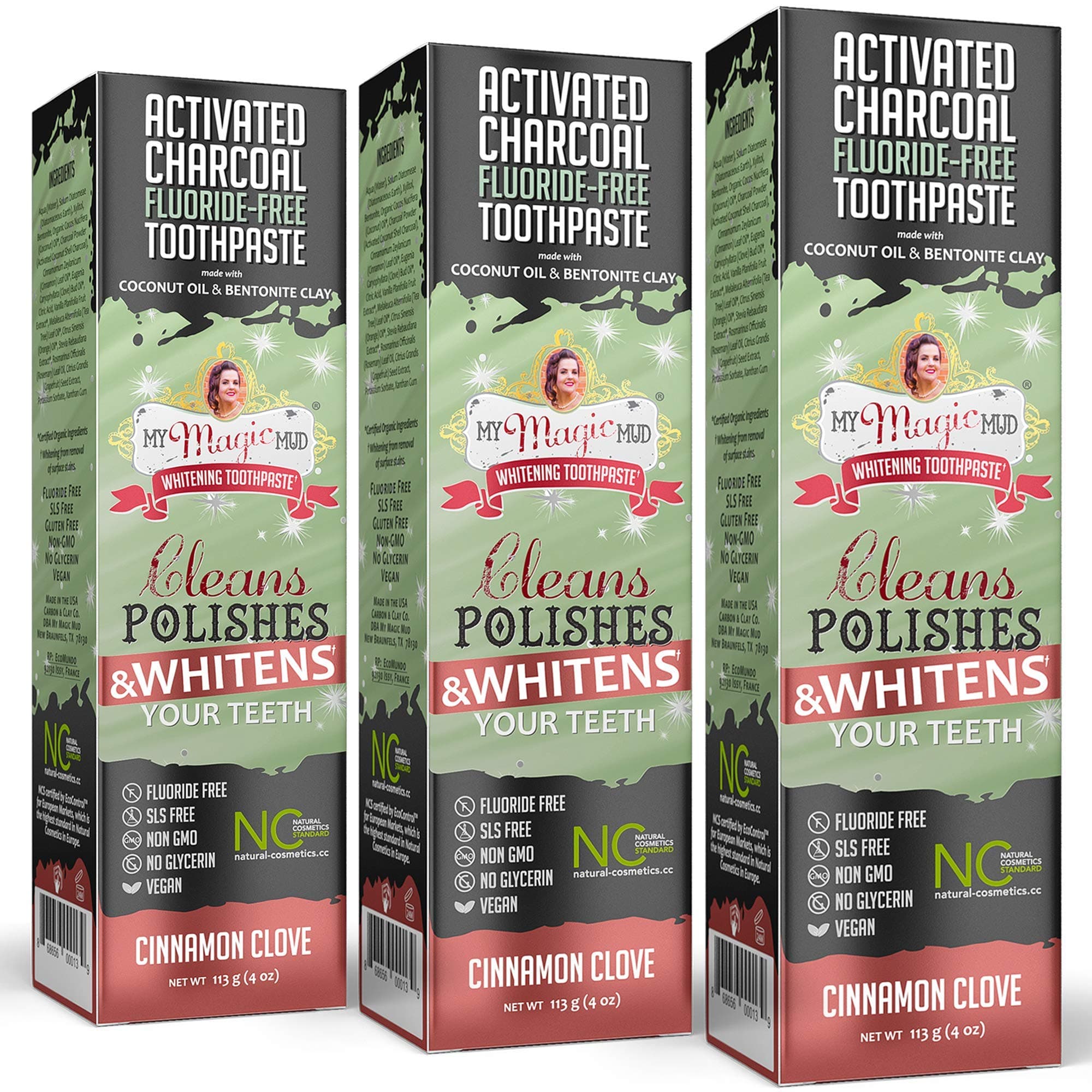 My Magic Mud - Activated Charcoal Toothpaste, Natural, Whitening, Detoxifying, 4 oz, Cinnamon Clove (3-Pack)