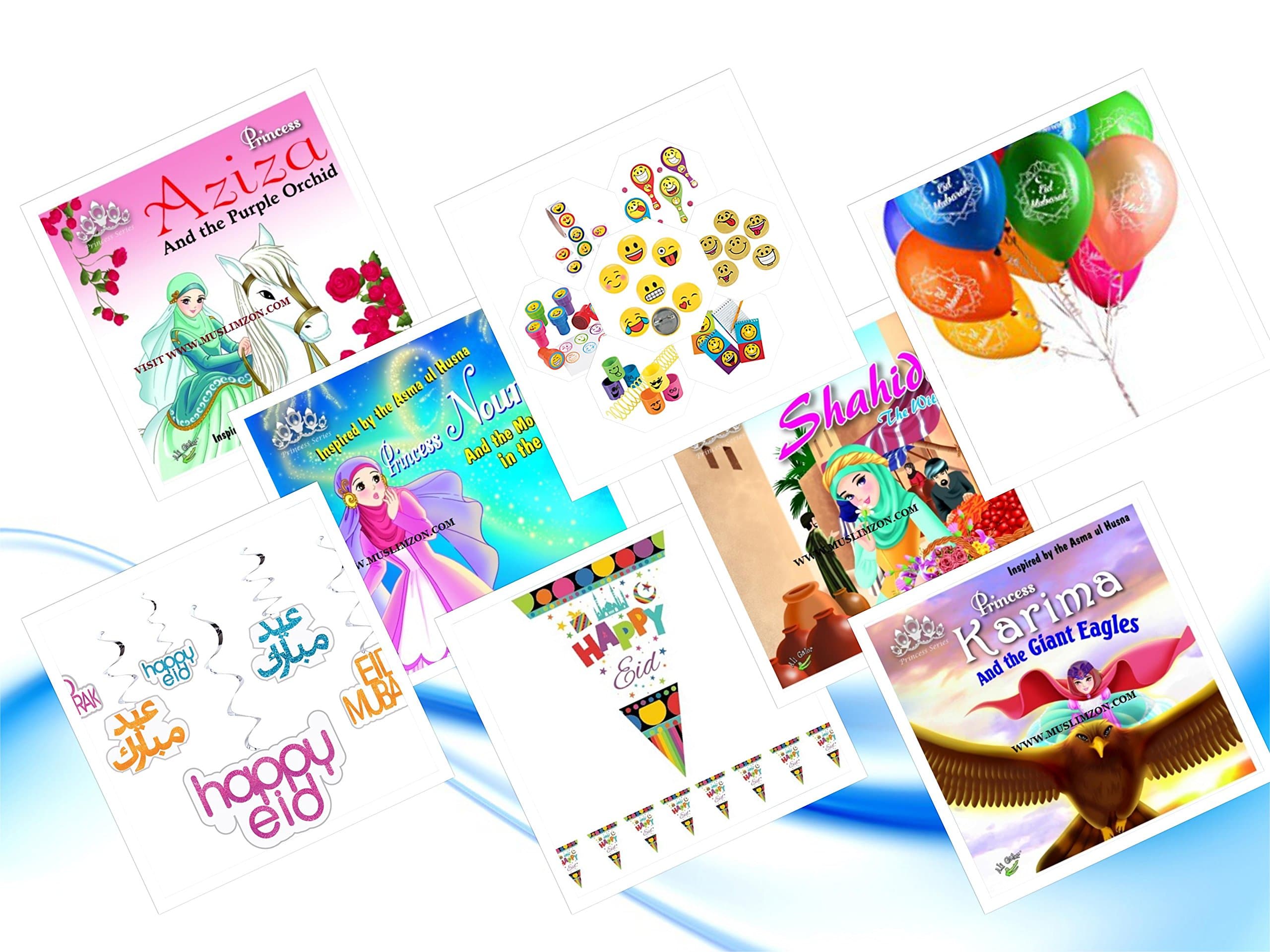 Princess Series Eid Fun Good Pack Set 1: Four Titles Based on 99 Names of Allah: Princess Aziza, Karima, Noura & Shahida Books with Eid Mubarak Swirls, Happy Eid Flags, Eid Balloons & Emoji Goody Pack