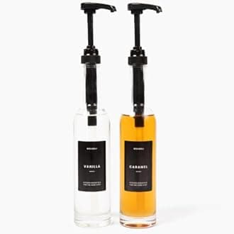 MoliMoli Set of 2, 350ml, Coffee Syrup Dispenser for Coffee Bar, Coffee Pump Dispenser, Glass Syrup Bottle w. Pumps, Simple Syrup Dispenser w. Labels (Black)