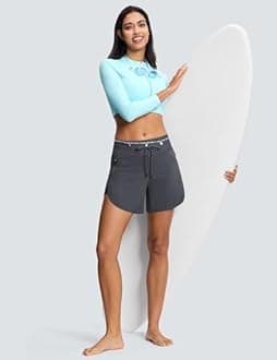 ISEEGZ Womens 5.5" Swim Shorts High Waisted Board Shorts with Pockets Quick Dry UPF 50+ Beach Shorts with Liner