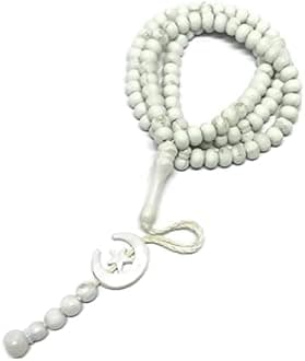 Islam Prayer Tasbih 99 Beads AMN-303 Muslim 8 mm. Rosary Bead Moon Star Decorated Tassels Haj Eid Ramadan Gift (White)