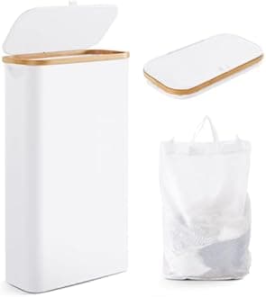 Slim Laundry Hamper with Lid by Fiona's magic, 63L Narrow Laundry Basket with Removable Bag, White Collapsible Dirty Clothes Basket, Thin Tall Storage Basket for Bathroom, Bedroom