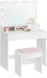 VASAGLE Vanity Desk with Power Outlets, Makeup Vanity with Mirror and Lights, with Upholstered Vanity Stool, 9 Dimmable LED Lights, 2 Compartments, 2 Drawers, for Bedroom, Cloud White URDT029W01