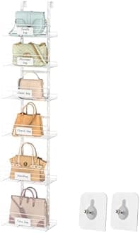 Aokitsink Hanging Purse Handbag Organizer Rack with Name Plate, Over The Door Detachable Bag Storage Rack - Can Use As 1/2 Part, Wall Mounted Adjustable Bag Rack with Stickers & Tapes, White