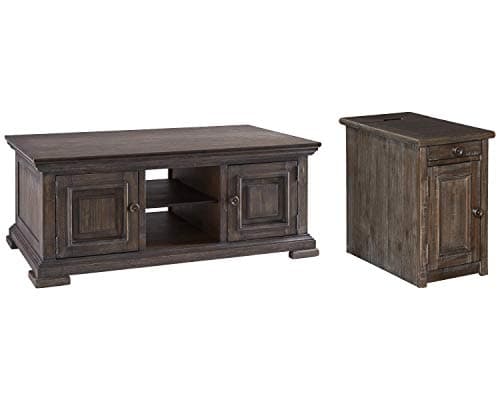 Signature Design by Ashley Wyndahl Rustic Chair Side End Table with Pull Out Tray, 2 Cup Holders, 2 Outlets and USB Charging Ports, Brown with Distressed Finish
