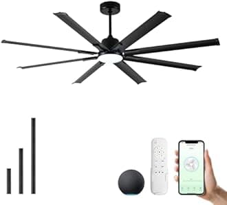 Maxslak 72 Inch Ceiling Fan with Light, Industrial Ceiling Fan with 8 Black Aluminum Blades, Smart Fan Works with Alexa, Garage Fan for