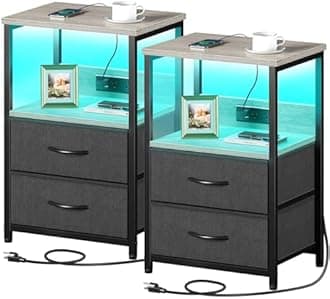 Seventable Nightstand Set of 2 with Charging Station, Bedside Table with LED Lights, Night Stand with 2 Fabric Drawers, 3-Tier Storage End Table for Bedroom, Greige