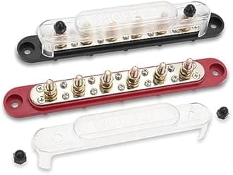 MOFEEZ Power Distribution Block Bus Bar, 6 x 5/16" Posts, 10 x #8 Screws Terminals, Max 48V 250A (Pair, Red & Black)