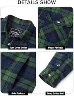 EKLENTSON Men's Flannel Shirt Jacket Quilted Lined Plaid Coats Warm Winter Jacket Thick Button Down Coat with 5 Pockets