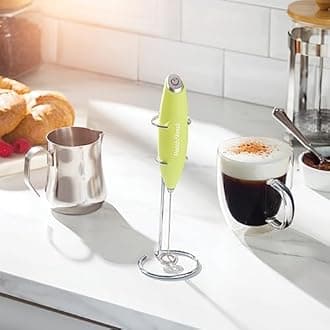 Powerful Handheld Milk Frother, Mini Milk Foamer, Battery Operated Stainless Steel Drink Mixer with Frother Stand